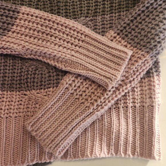 Rare Derek Heart Sz S off-shoulder Chunky Knit Sweater Pink Gray Tie Back Chic - Picture 4 of 10